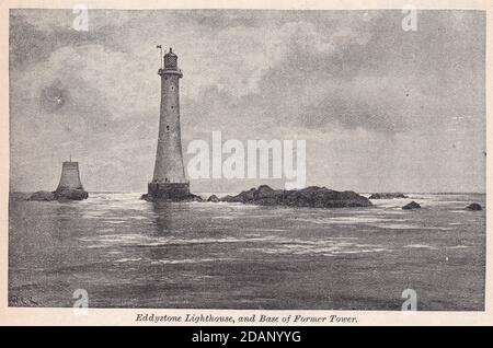 Eddystone Leuchtturm und Basis des ehemaligen Tower 1900s. Stockfoto
