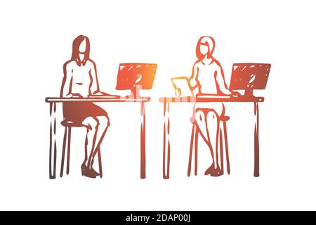 Soziales, Netzwerk, Frau, Büro, Arbeitskonzept. Von Hand gezeichneter isolierter Vektor. Stock Vektor