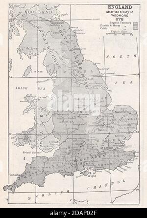 Vintage-Karte von England nach dem Vertrag von Wedmore 878, englisches Territorium. Stockfoto