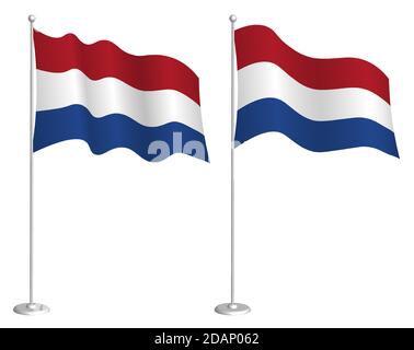 Flagge von Holland, Niederlande auf Fahnenmast winkend im Wind. Design-Element Urlaub. Kontrollpunkt für Kartensymbole. Isolierter Vektor auf weißem Hintergrund Stock Vektor