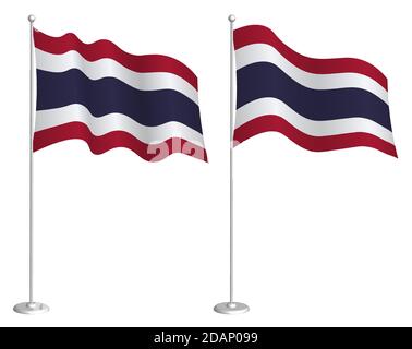 Flagge des Königreichs Thailand auf Fahnenmast winkt im Wind. Design-Element Urlaub. Kontrollpunkt für Kartensymbole. Isolierter Vektor auf weißem Hintergrund Stock Vektor
