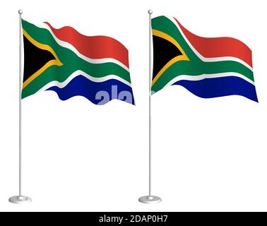 Flagge von Südafrika auf Fahnenmast winkt im Wind. Design-Element Urlaub. Kontrollpunkt für Kartensymbole. Isolierter Vektor auf weißem Hintergrund Stock Vektor