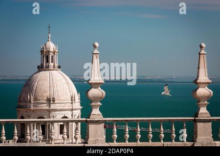 Blick auf den Fluss Tejo von der Kirche São Vicente de Fora in Lissabon inklusive einer fliegenden Möwe Stockfoto