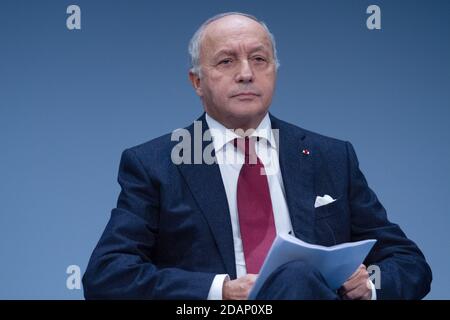 Paris, Frankreich, 12. november 2018, Laurent Fabius, ehemaliger Premierminister der Republik Frankreich, beim Pariser Friedensforum, François Loock/Alamy Stockfoto
