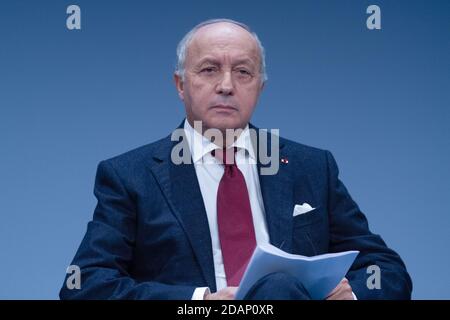Paris, Frankreich, 12. november 2018, Laurent Fabius, ehemaliger Premierminister der Republik Frankreich, beim Pariser Friedensforum, François Loock/Alamy Stockfoto