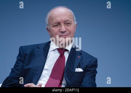 Paris, Frankreich, 12. november 2018, Laurent Fabius, ehemaliger Premierminister der Republik Frankreich, beim Pariser Friedensforum, François Loock/Alamy Stockfoto
