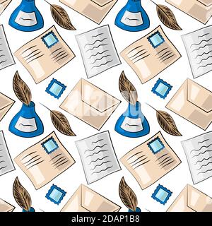 Nahtlose Vektor-Muster mit Umschlägen, Tintenfass, Buchstaben und Stiften Stock Vektor