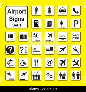 Satz von Flughafen-Symbolen oder -Schildern, schwarze und weiße Piktogramme isolieren Stock Vektor