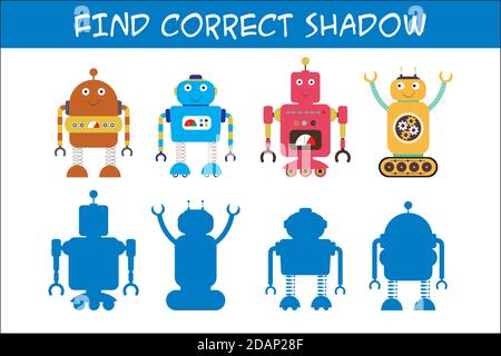 Kinder Spiel mit Robotern, finden richtige Schatten, Template-Seite Stock Vektor