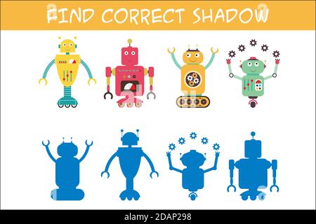Kinder Spiel mit Robotern, finden richtige Schatten, Template-Seite Stock Vektor