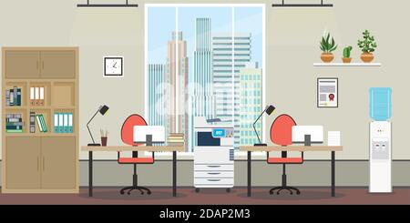 Leerer Büroraum, zwei Arbeitsplätze, Fenster, Blumen in Töpfen Stock Vektor