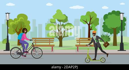 afroamerikanische Frau auf einem Fahrrad und Geschäftsmann auf einem Roller Stock Vektor