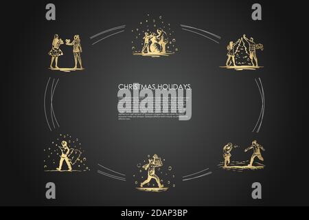 Weihnachtsferien - Menschen schmücken Neujahr Baum, spielen mit Schneebällen, tragen und geben Geschenke, machen Schneemann Vektor-Konzept gesetzt Stock Vektor