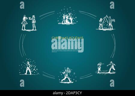 Weihnachtsferien - Menschen schmücken Neujahr Baum, spielen mit Schneebällen, tragen und geben Geschenke, machen Schneemann Vektor-Konzept gesetzt Stock Vektor