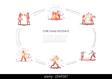 Weihnachtsferien - Menschen schmücken Neujahr Baum, spielen mit Schneebällen, tragen und geben Geschenke, machen Schneemann Vektor-Konzept gesetzt Stock Vektor