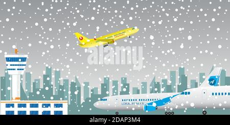 Schneefall im Flughafen.Winterwetterkonzept. Stock Vektor