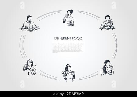 Verschiedene Lebensmittel - Menschen essen verschiedene Gerichte und Lebensmittel aus Vektor-Set für Hände und Platten Stock Vektor