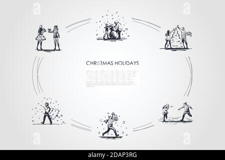 Weihnachtsferien - Menschen schmücken Neujahr Baum, spielen mit Schneebällen, tragen und geben Geschenke, machen Schneemann Vektor-Konzept gesetzt Stock Vektor