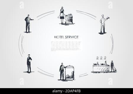 Hotelservice - Mitarbeiter an der Rezeption, Reinigungsservice, Koch, Kellner und Concierge Vektor-Konzept-Set Stock Vektor
