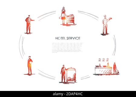 Hotelservice - Mitarbeiter an der Rezeption, Reinigungsservice, Koch, Kellner und Concierge Vektor-Konzept-Set Stock Vektor