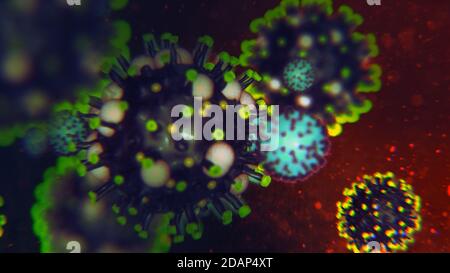 3D-Darstellung von COVID-19 Coronavirus-Molekülen - Influenza-Virus Sekunde Winken Stockfoto