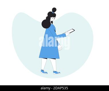 Junge Frau in legerer Kleidung stehen und mit ihrem Handy. Weibliche Person mit Telefon. Erwachsene Figur mit Smartphone. Vektorlinie Art flach illu Stock Vektor