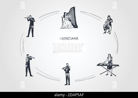 Musiker - Geiger, Harfenist, Cellist, Xylophon Spieler, Flötist, Fagottist Vektor-Konzept-Set Stock Vektor