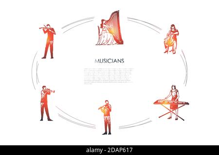 Musiker - Geiger, Harfenist, Cellist, Xylophon Spieler, Flötist, Fagottist Vektor-Konzept-Set Stock Vektor