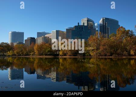 Der Blick auf die Skyline der Innenstadt von Rosslyn von der anderen Seite des Potomac Flusses im Herbst, Herbst mit wechselnden Blättern. In Rosslyn, Arlington, Virginia. Stockfoto