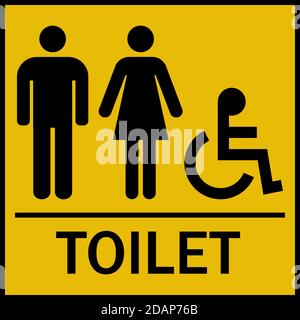 Männer Frauen Handicap WC-Schild. Schwarz auf gelbem Hintergrund. Stock Vektor