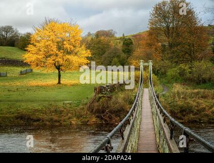 Die Hebden Hängebrücke auf dem Dales Way über den Fluss Wharfe im Herbst, Yorkshire Dales National Park, UK Landschaft Stockfoto