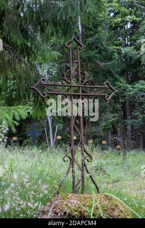 Rostig geschnitztes Metallkreuz auf einem alten Seemanngrab unter Alte Kiefern Stockfoto