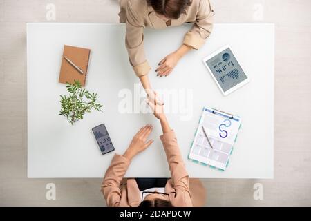 Blick auf zwei junge erfolgreiche Geschäftsfrauen, die nach dem Making die Hände schütteln Angebot Stockfoto