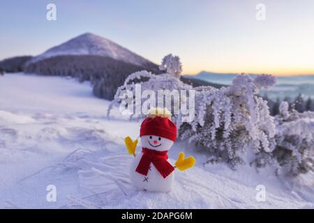 Schneemann in Hut und rotem Schal auf verschneiten Rasen. Schöne Winter Sonnenuntergang Hintergrund. Frohe weihnachten und Frohes neues Jahr. Der Busch ist mit Reif bedeckt Stockfoto