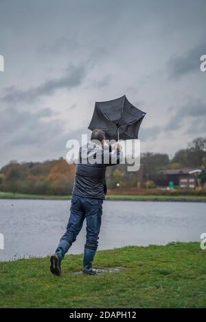 Kidderminster, Großbritannien. November 2020. Wetter in Großbritannien: Sehr nasser und windiger Wind weht die Wanderer am Trimpley Stausee weg. Die Menschen kämpfen darum, ihre Schirme nicht von innen nach außen zu drehen. Kredit: Lee Hudson/Alamy Live Nachrichten Stockfoto