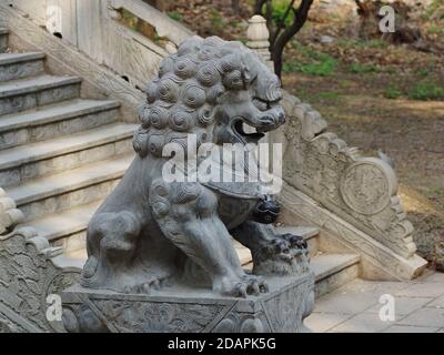 Chinesische Schutzlöwen, kaiserliche Schutzlöwen, Shi, Foo Dog, Fu Dog, Lion Dog. Qianshan Nationalpark, Anshan, Provinz Liaoning, China Stockfoto