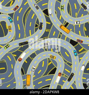 Komplizierte Autobahn Straßen mit verschiedenen Autos, Draufsicht nahtlose Muster Stock Vektor