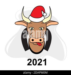 Ein Stier in einem roten weihnachtsmütze zeigt seine Zunge. Neujahr-Karte in flacher Form Stock Vektor