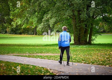 Nicht identifizierter Mann, der in einem Park mit Trekkingstöcken spazierengeht. Herbstsaison, Herbst Stockfoto