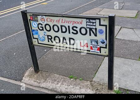 Goodison Road Schild, Goodison Park, Everton Football Club, Walton, Liverpool, Merseyside, England, Großbritannien, L4 4LE Stockfoto