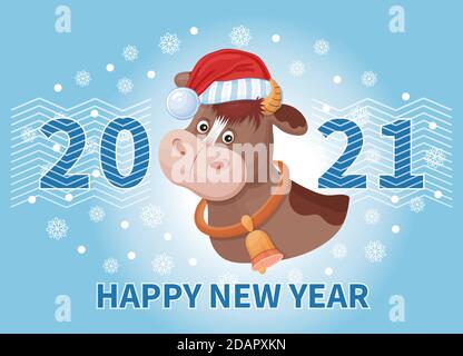 Lustige Stier Symbol chinesisches Neujahr 2021. Cartoon Weihnachten Ochse Charakter im Urlaub Weihnachtsmann Hut. Handgezeichnetes Horoskop orientalischen Sternzeichen. Stock Vektor