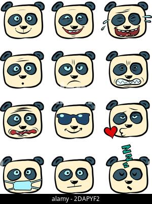 Panda Emoji Gesichter mit verschiedenen Emotionen Sammlung Satz Charakter, niedliches Tier Stock Vektor