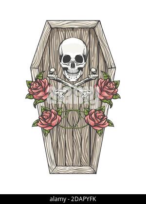 Totenkopf mit Knochen und Rosen auf dem Coffin Deckel Bunte Tattoo isoliert auf weiß. Vektorgrafiken. Stock Vektor