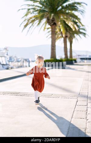 Ein entzückender 2-jähriger ir-Lauf und Spaß am Laufen Ein Bootssteg mit Palmen Stockfoto