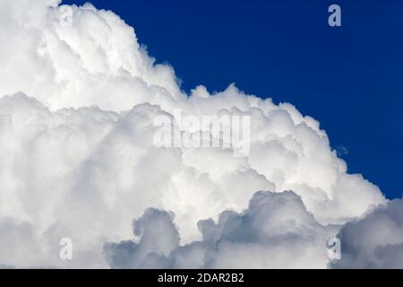 Wolkenbildung, weiße und graue Cumuluswolken, Cumuluswolken vor blauem Himmel, Hintergrundbild, Nordrhein-Westfalen, Deutschland Stockfoto