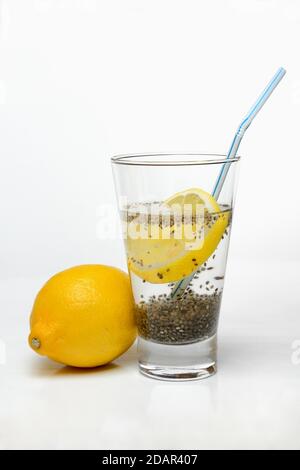 Chia Samen, geschwollen, in Glas Wasser mit Zitronenscheibe, Deutschland Stockfoto