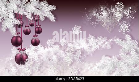 Weihnachten, Frohes neues Jahr. Lila weihnachtskugeln und Tannenzweigen, weiße Schneeflocken Stockfoto