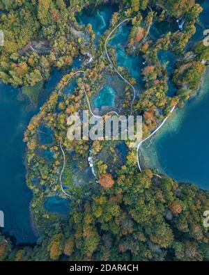 Luftbild, gewundener Weg durch die Plitvicer Seen im Herbst, Nationalpark Plitvicer Seen, Dalmatien, Kroatien Stockfoto