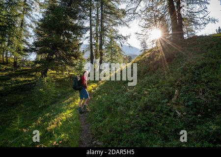 Wanderer auf dem Funtenseetauern-Wanderweg, Sonnenschein im Wald, Morgensonne, Nationalpark Berchtesgaden, Berchtesgadener Land, Oberbayern, Bayern Stockfoto