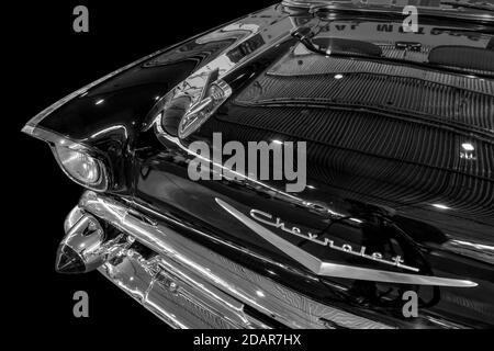 Oldtimer Detail, Chevrolet Bel Air 1957, in schwarz und weiß Stockfoto